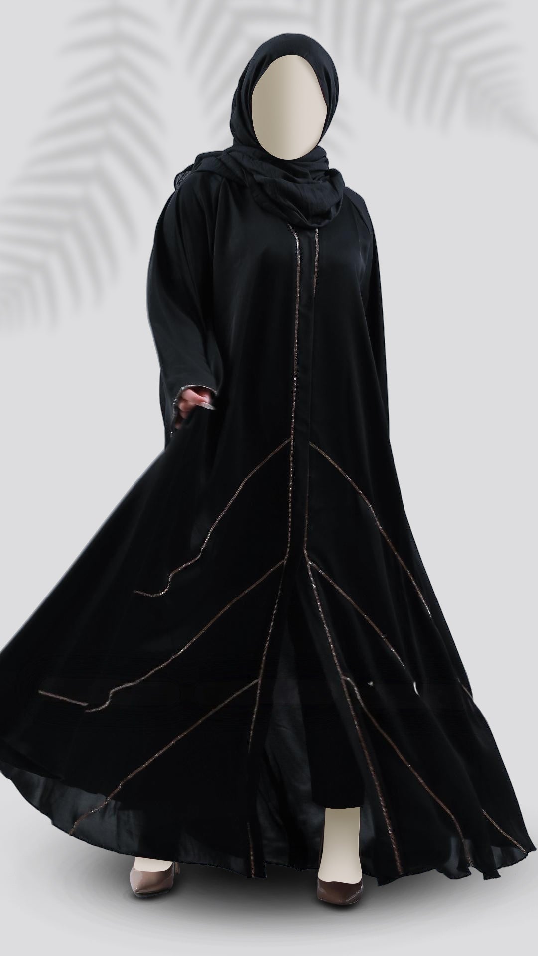 Premium Turkish Cut Nida Black Abaya with Hijab – Mandarin Neck & Bell Sleeves | Malika Royals