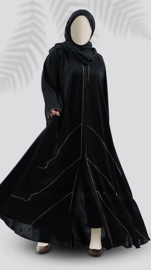 Premium Turkish Cut Nida Black Abaya with Hijab – Mandarin Neck & Bell Sleeves | Malika Royals