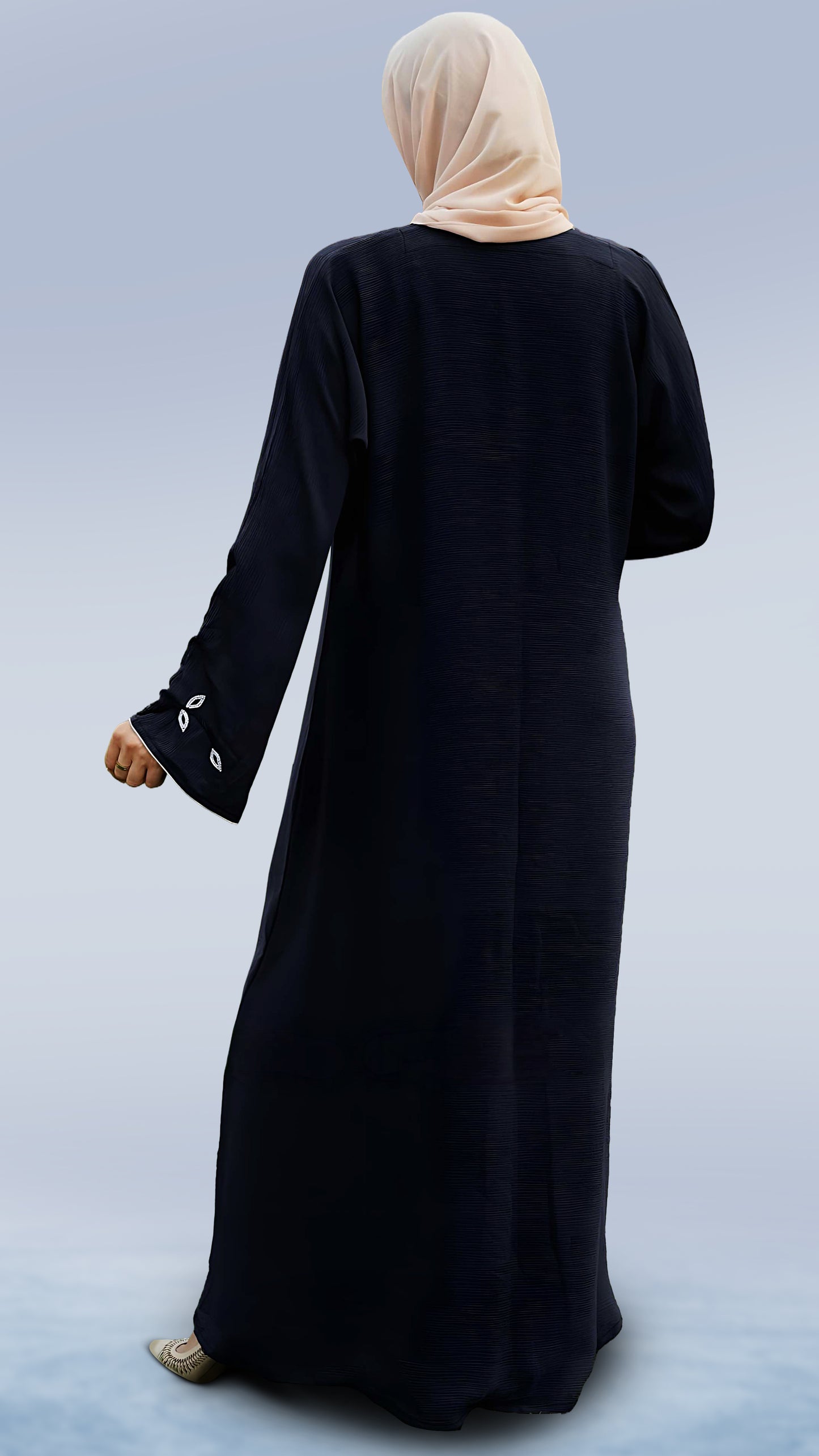 Elegant Zoom Abaya for Women – Crystal Handiwork, Piping Finish, Arabian Cut Style, Full Sleeves & Hijab | Malika Royals