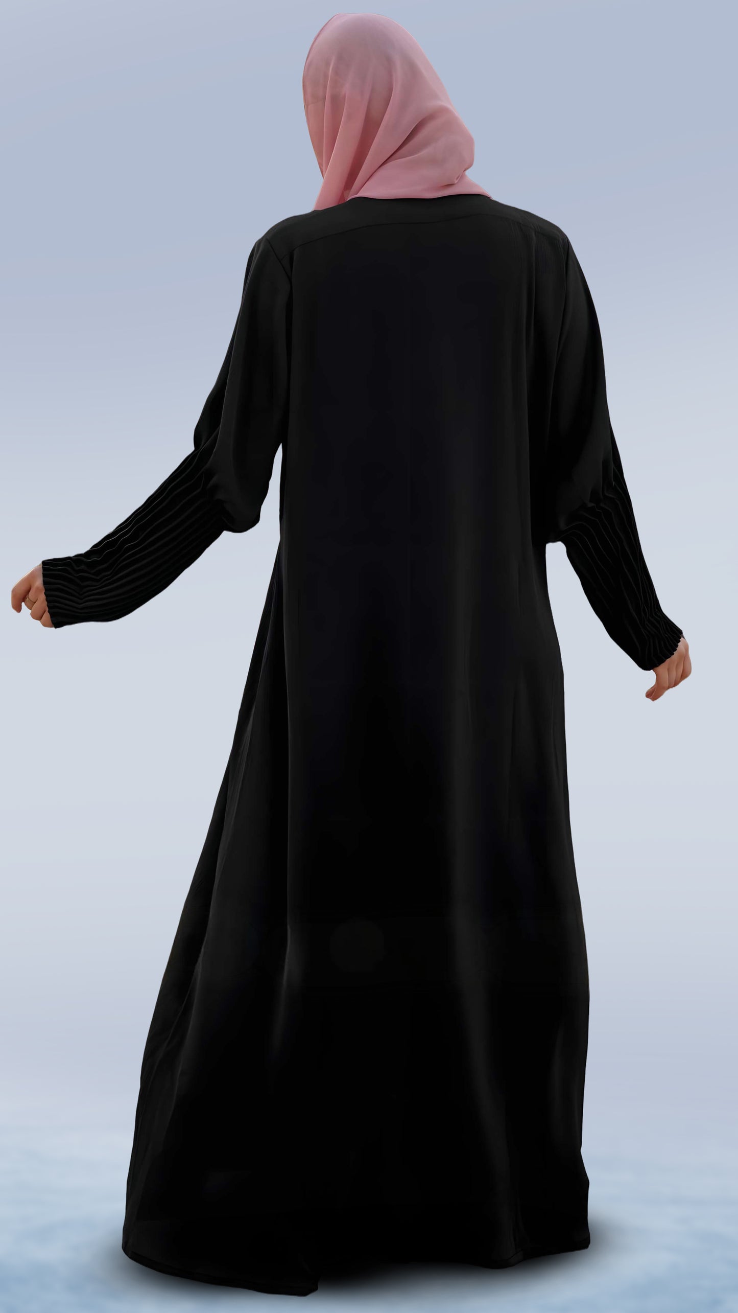 Luxury Zoom Front Open Abaya – Turkish Cut Zoom Fabric, V-Neck & Pleated Sleeves | Malika Royals