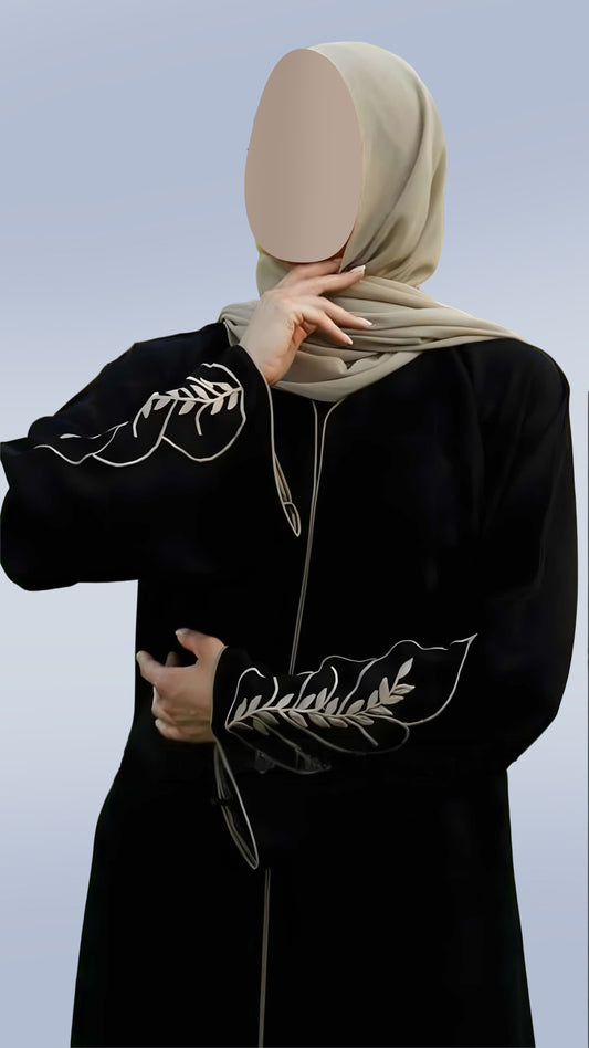 Modest Round Neck Abaya in Black & Beige Masha Crepe – Full Sleeves with Embroidery & Piping | Malika Royals