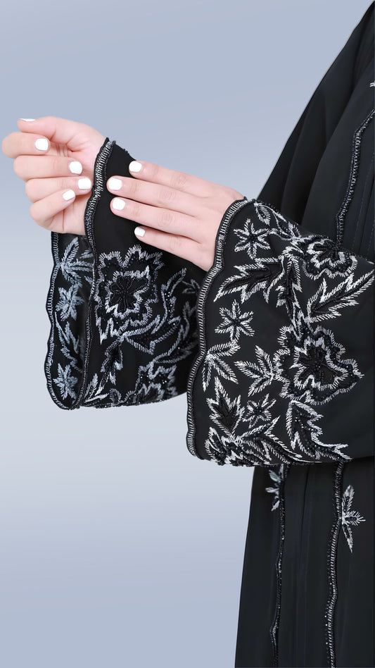 Luxury Women’s Nida Black Embroidered Abaya – Premium Fabric with Front & Sleeve Detailing | Malika Royals