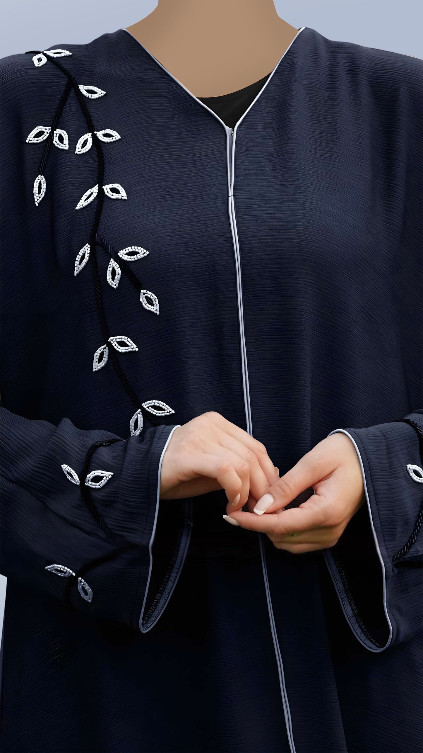 Elegant Zoom Dual-Tone Navy Blue & Off White Abaya – V-Neck Arabian Cut with Crystal Hand Work & Piping | Malika Royals