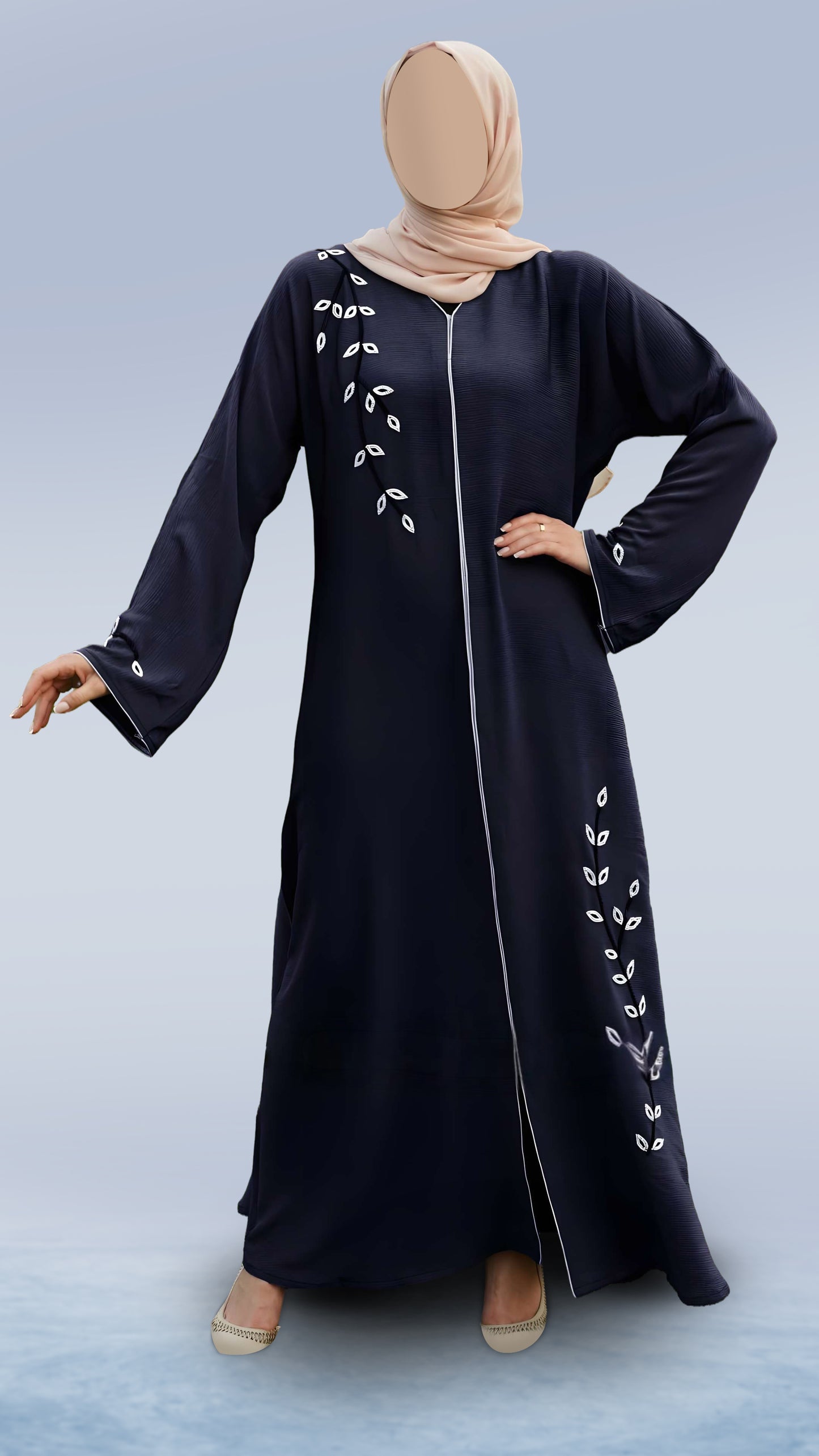 Elegant Zoom Dual-Tone Navy Blue & Off White Abaya – V-Neck Arabian Cut with Crystal Hand Work & Piping | Malika Royals