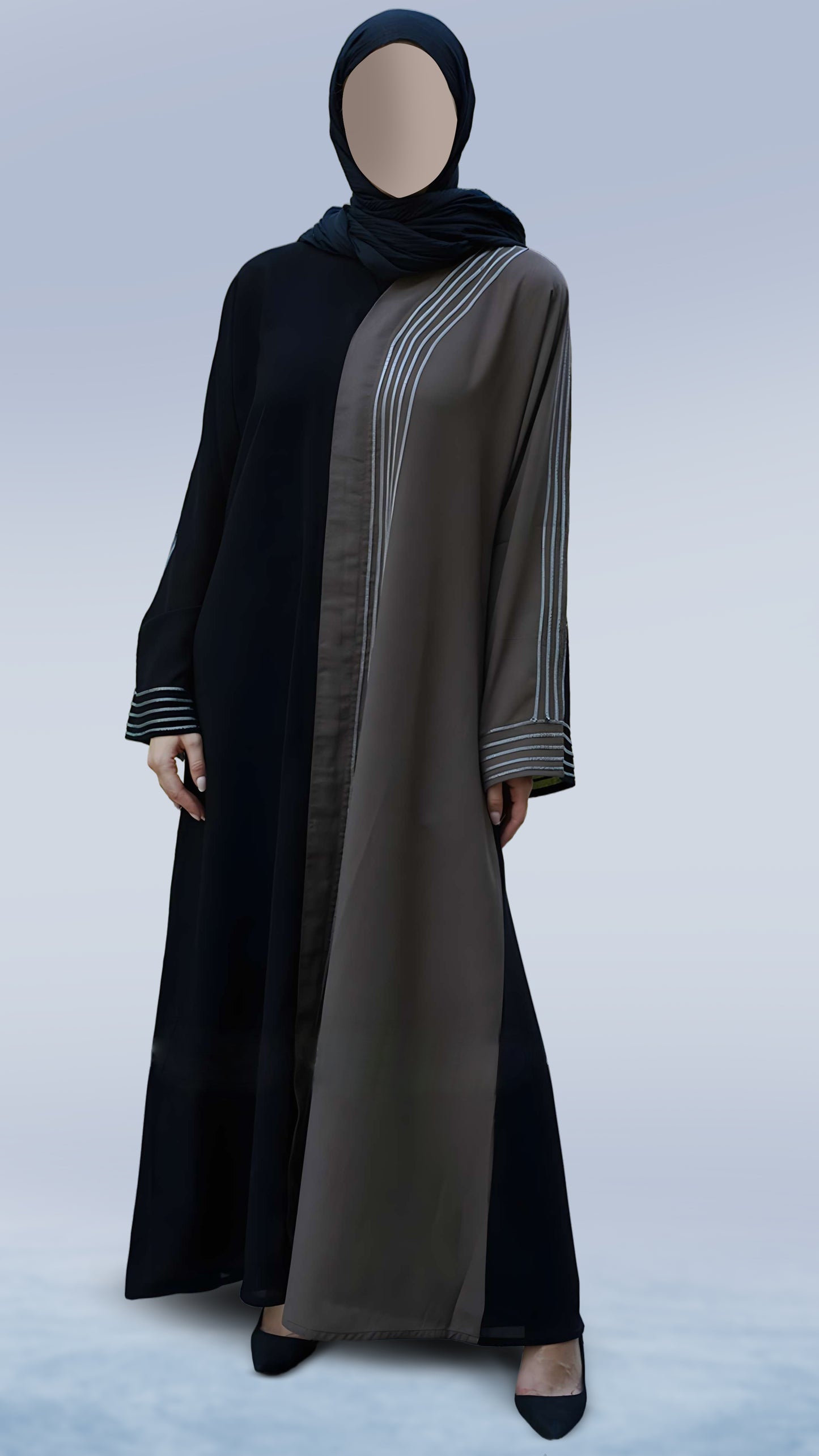 Premium Casual Masha Crepe Abaya in Black & Brown – Arabian Cut Full Sleeve with White Dori Ribbon | Malika Royals