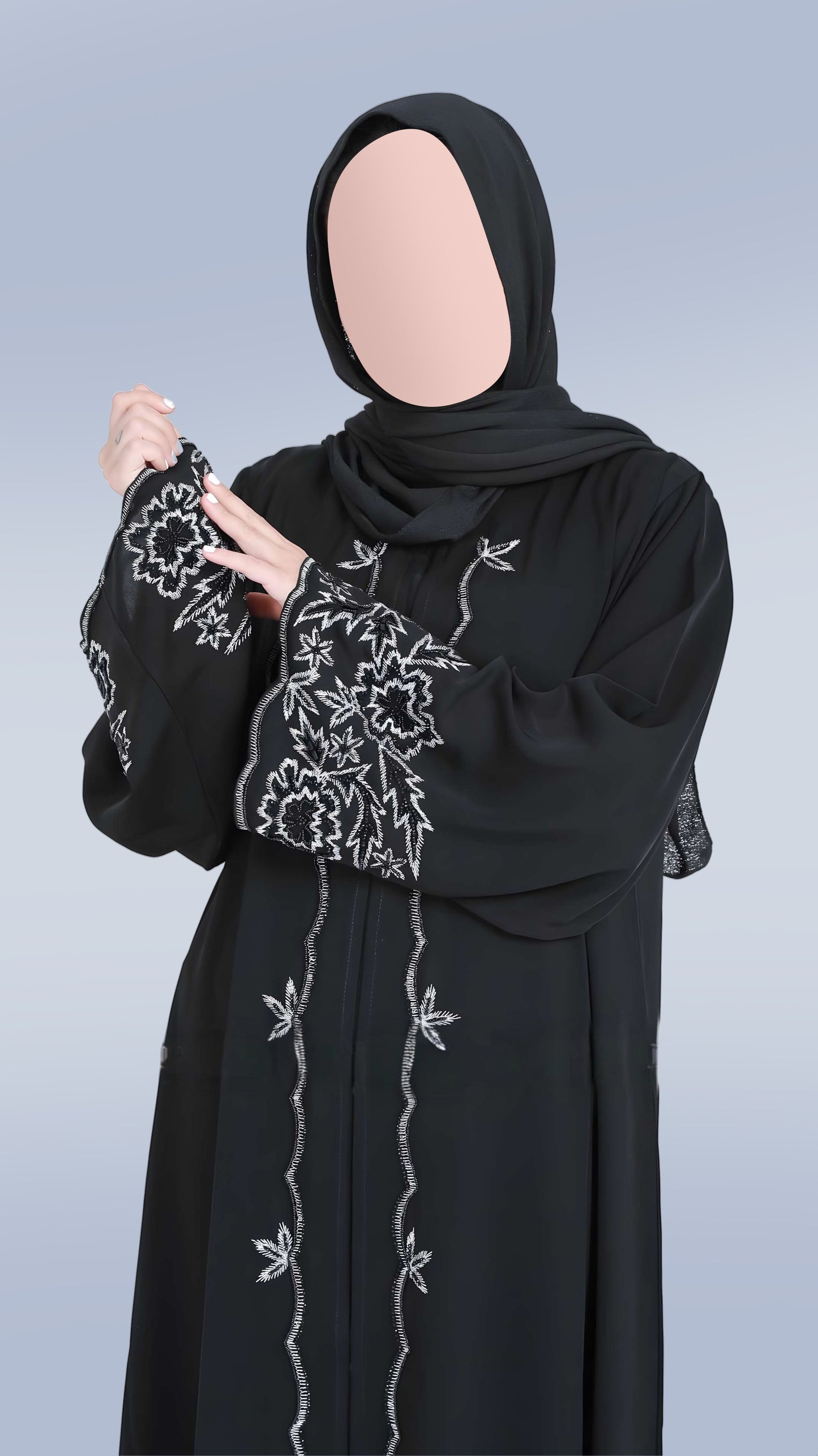 Luxury Women’s Nida Black Embroidered Abaya – Premium Fabric with Front & Sleeve Detailing | Malika Royals