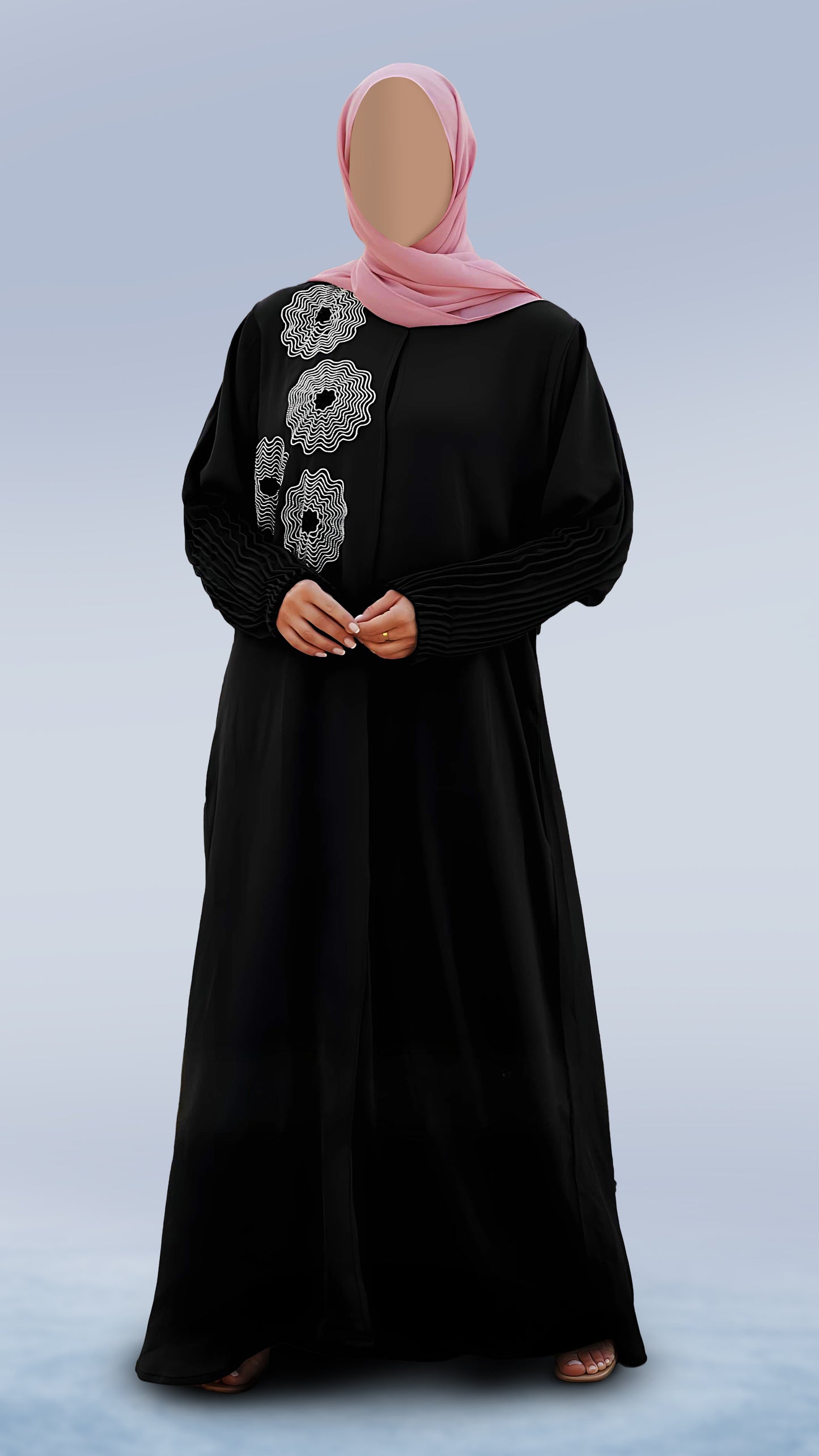 Luxury Zoom Front Open Abaya – Turkish Cut Zoom Fabric, V-Neck & Pleated Sleeves | Malika Royals