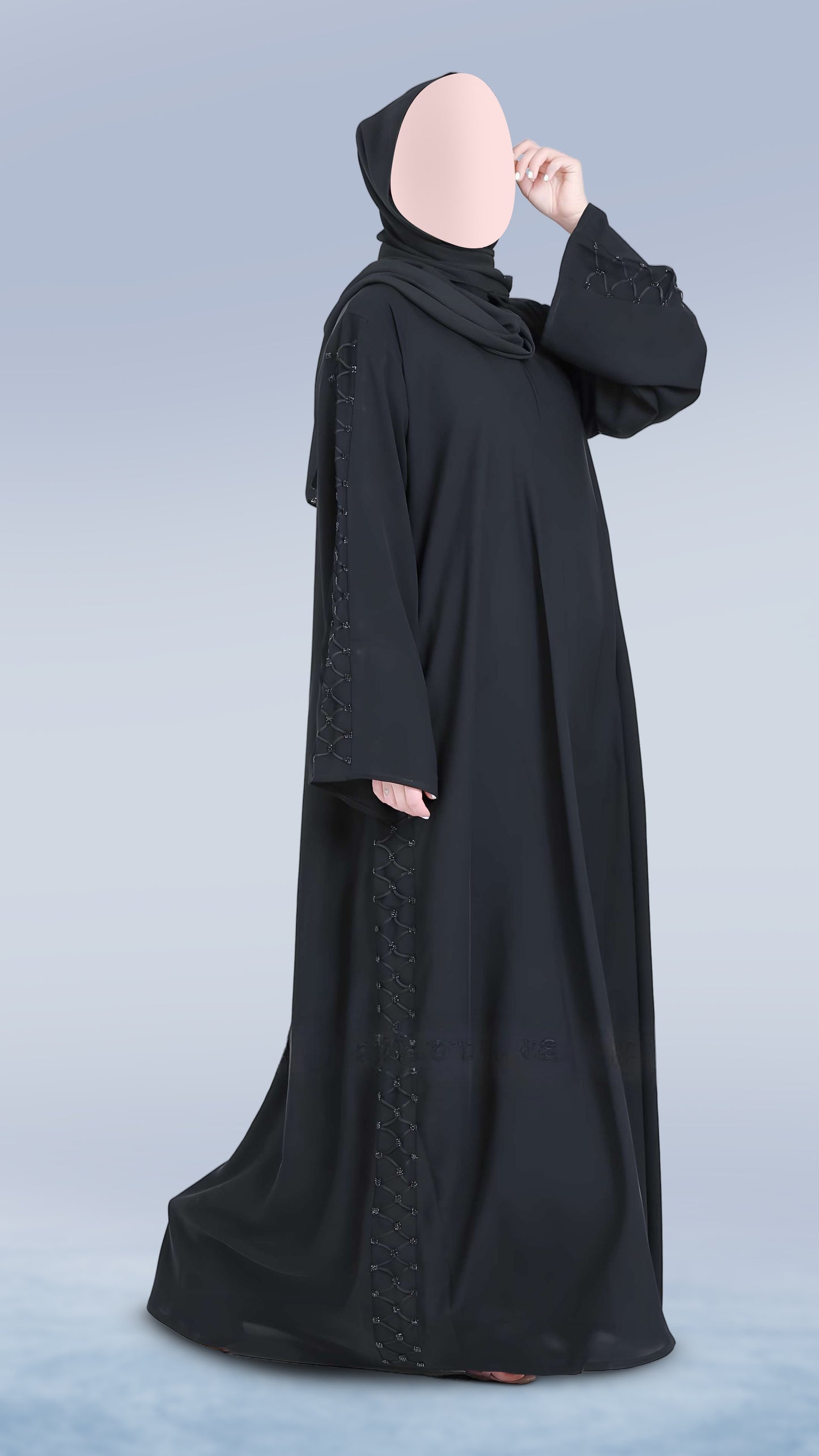 Elegant Nida Fabric Abaya for Women – V-Neck, Front Open with Dory Design with Handcrafted Detailing