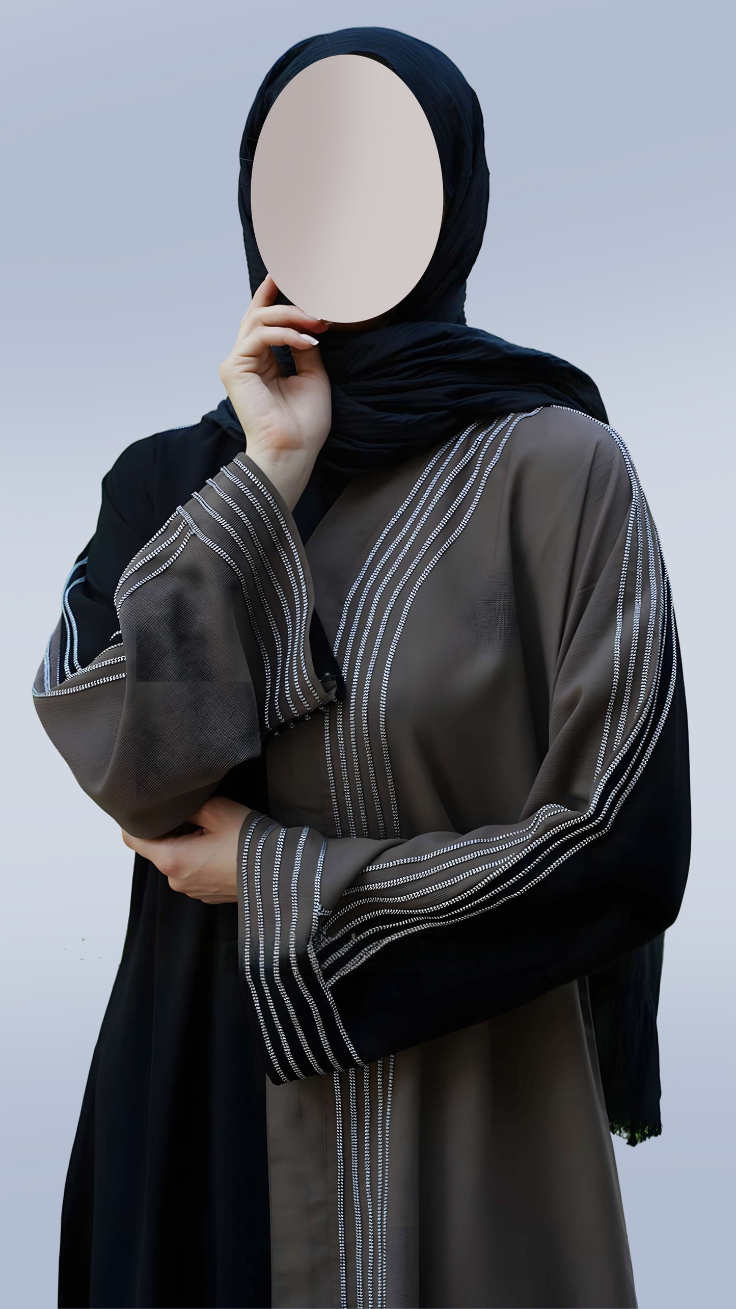 Premium Casual Masha Crepe Abaya in Black & Brown – Arabian Cut Full Sleeve with White Dori Ribbon | Malika Royals