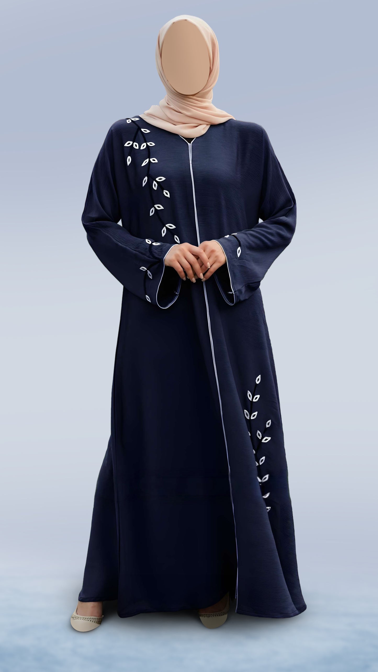 Elegant Zoom Dual-Tone Navy Blue & Off White Abaya – V-Neck Arabian Cut with Crystal Hand Work & Piping | Malika Royals