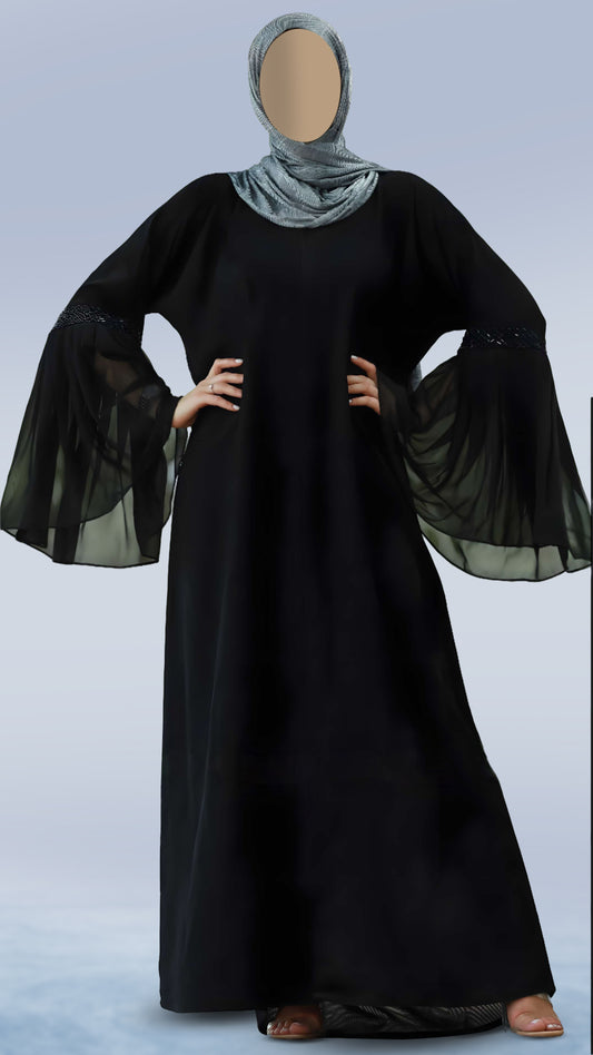 Classic Black Masha Crepe Abaya For Women – V-Neck, Bell Sleeves with Handcrafted Detailing | Malika Royals