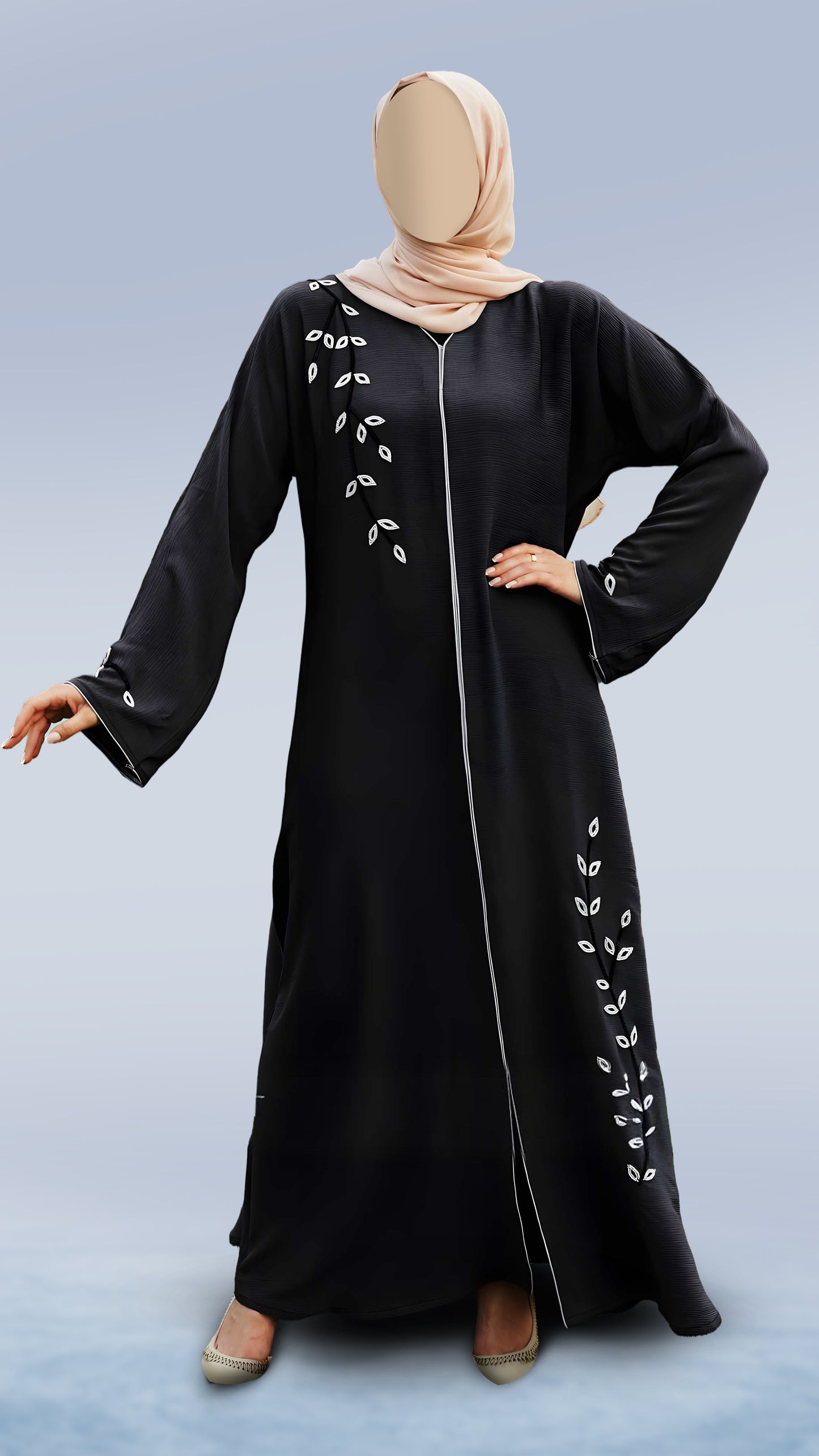Elegant Zoom Abaya for Women – Crystal Handiwork, Piping Finish, Arabian Cut Style, Full Sleeves & Hijab | Malika Royals