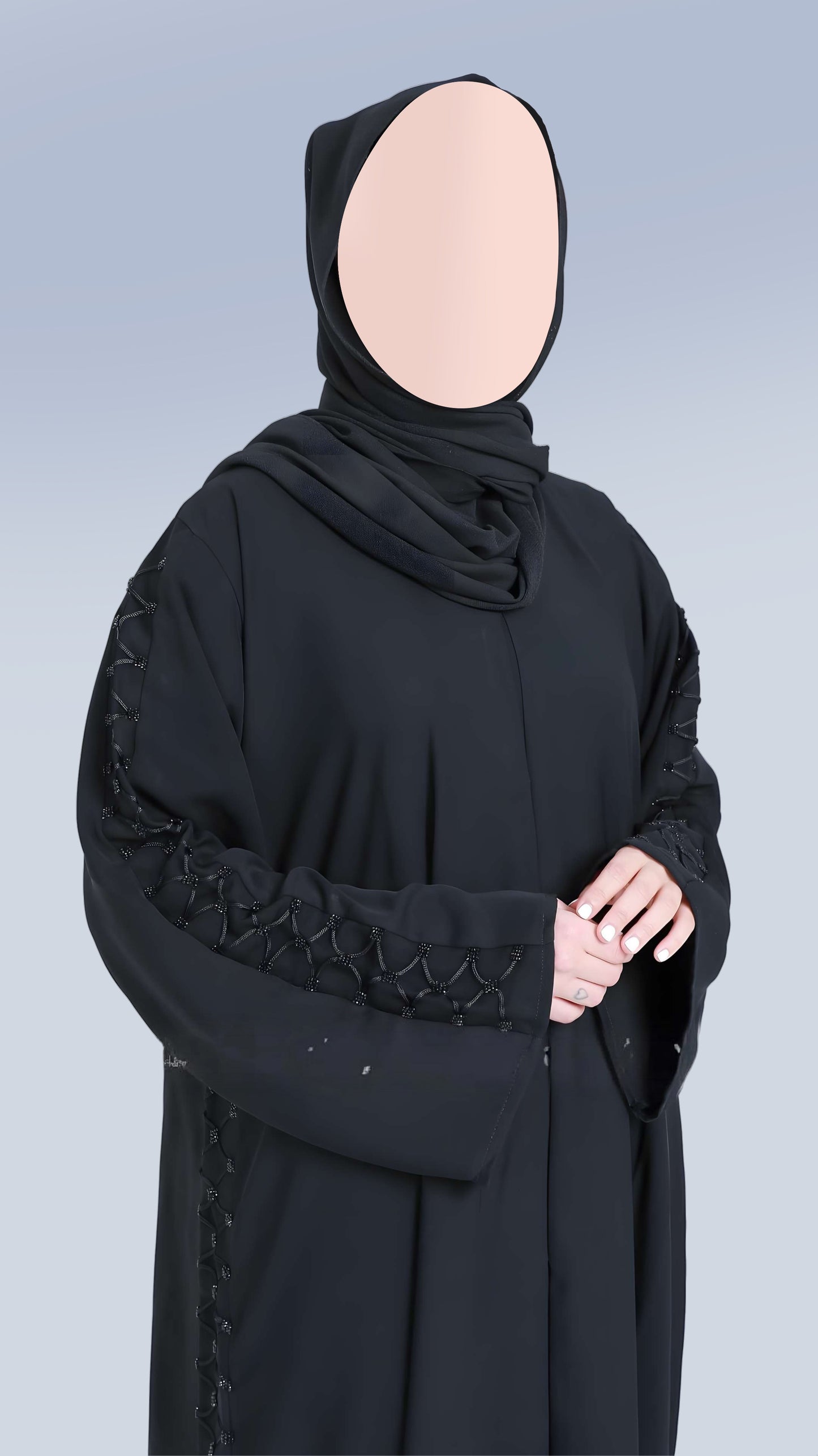 Elegant Nida Fabric Abaya for Women – V-Neck, Front Open with Dory Design with Handcrafted Detailing
