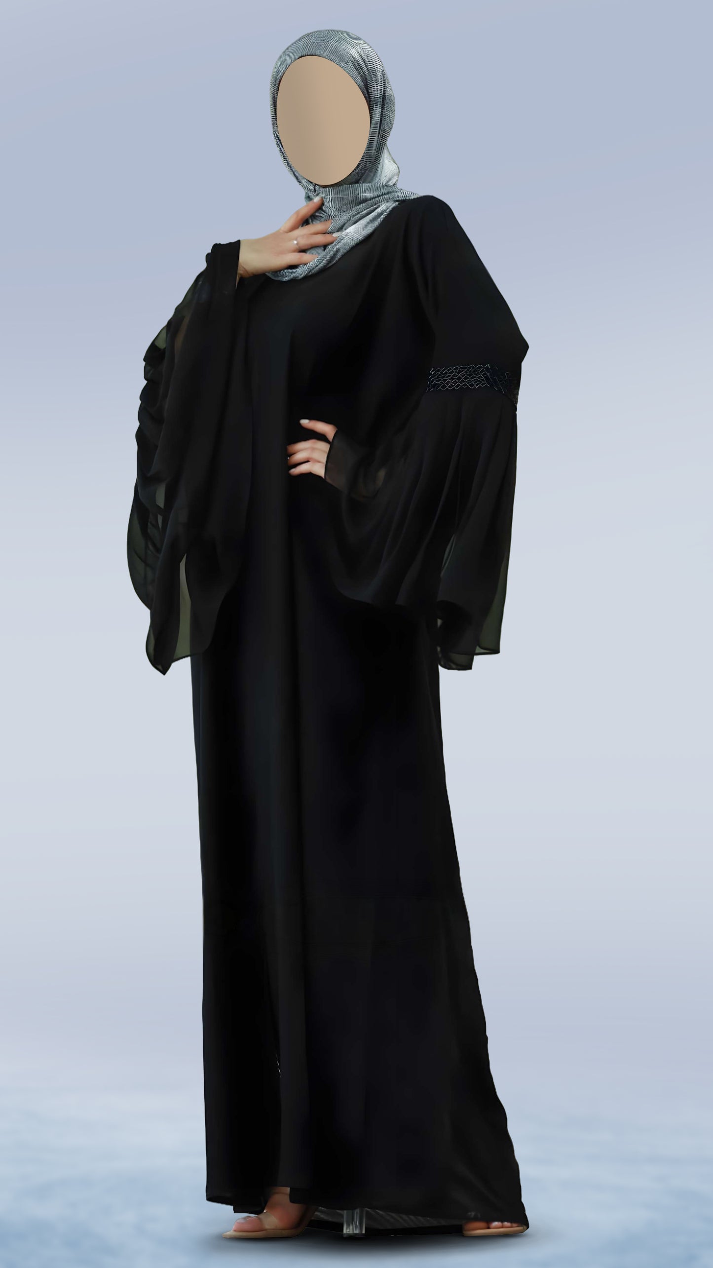 Classic Black Masha Crepe Abaya For Women – V-Neck, Bell Sleeves with Handcrafted Detailing | Malika Royals