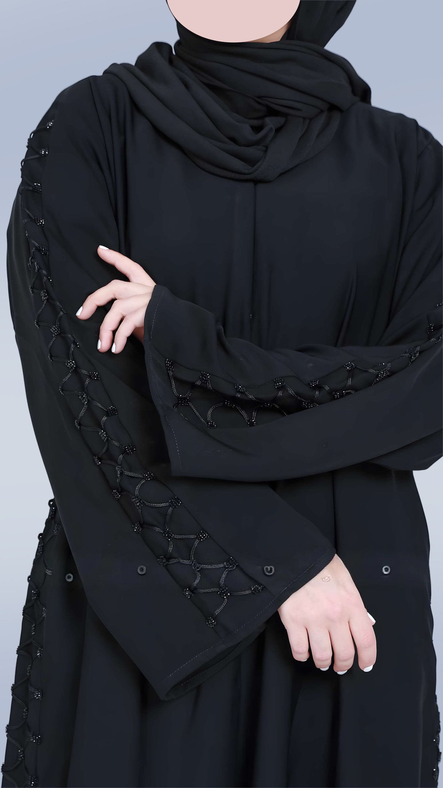 Elegant Nida Fabric Abaya for Women – V-Neck, Front Open with Dory Design with Handcrafted Detailing