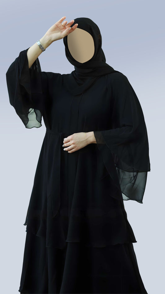 Luxury Diamond Georgette Abaya with Belt – Front Open Layered Sleeve with Turkish Cut and Mandarin Neckline