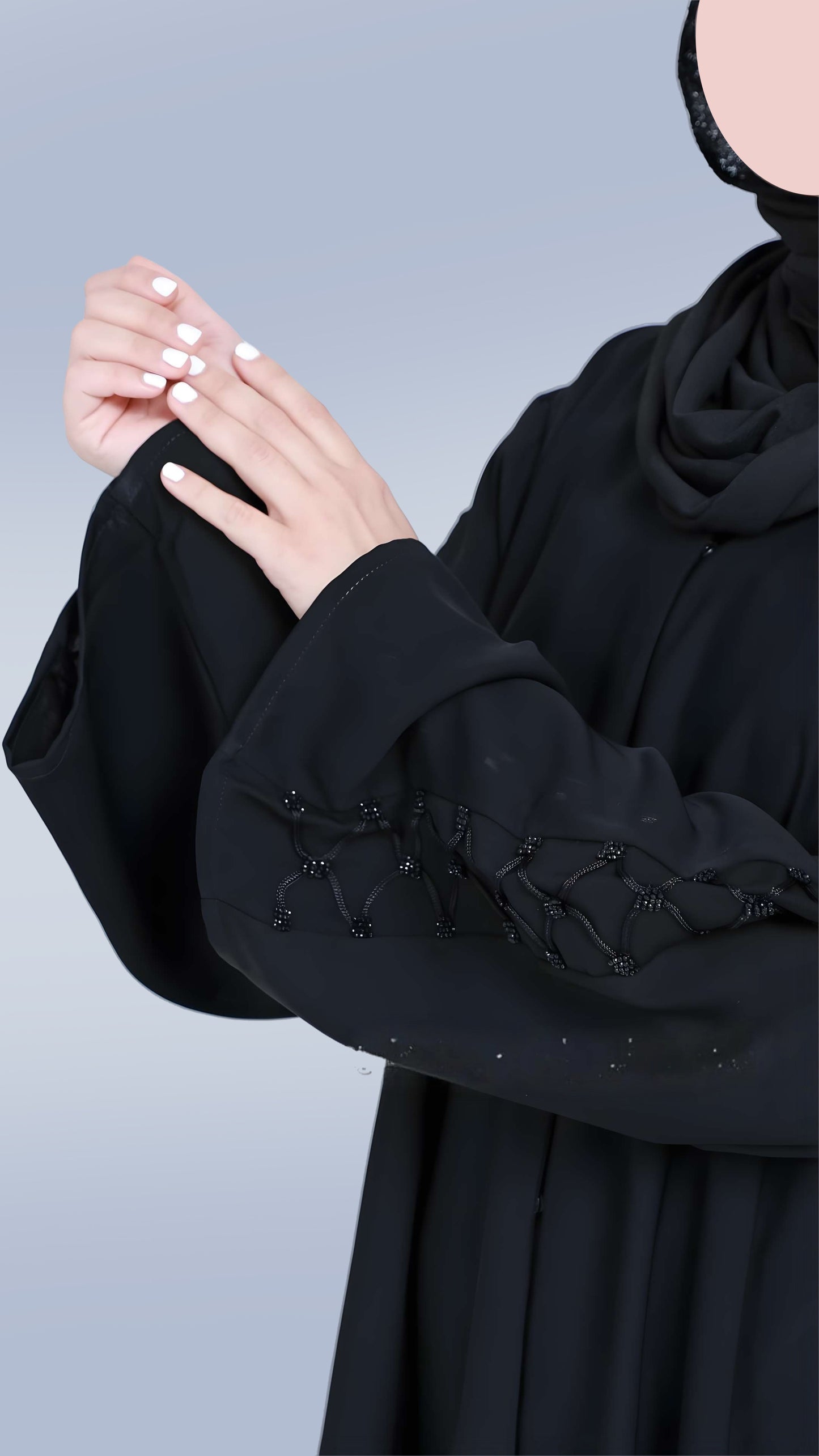 Elegant Nida Fabric Abaya for Women – V-Neck, Front Open with Dory Design with Handcrafted Detailing