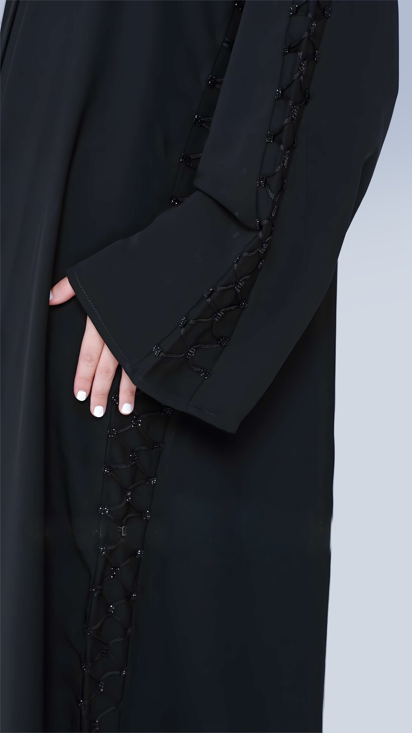 Elegant Nida Fabric Abaya for Women – V-Neck, Front Open with Dory Design with Handcrafted Detailing