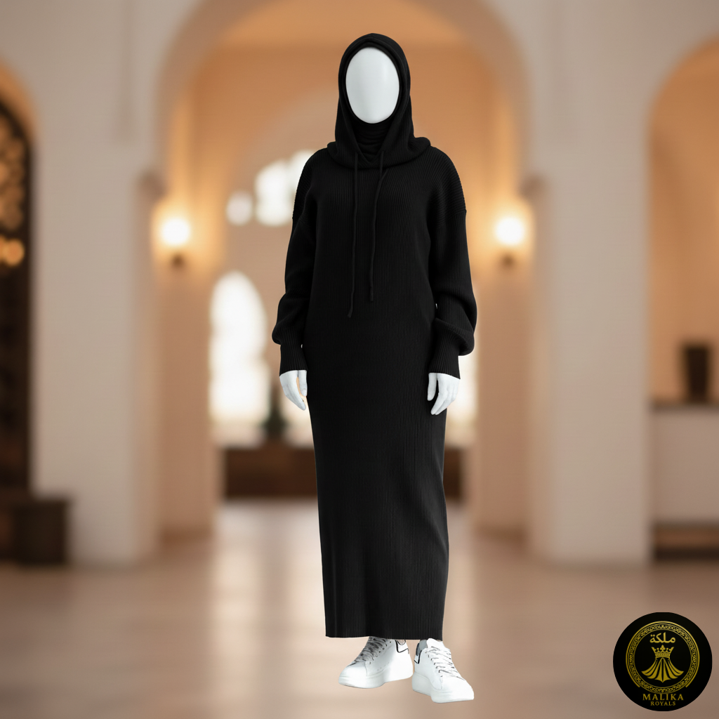 Cozy Knit MAXI Abaya with Attached Hoodie Scarf - Breathable & Warm Dubai Style | Malika Royals