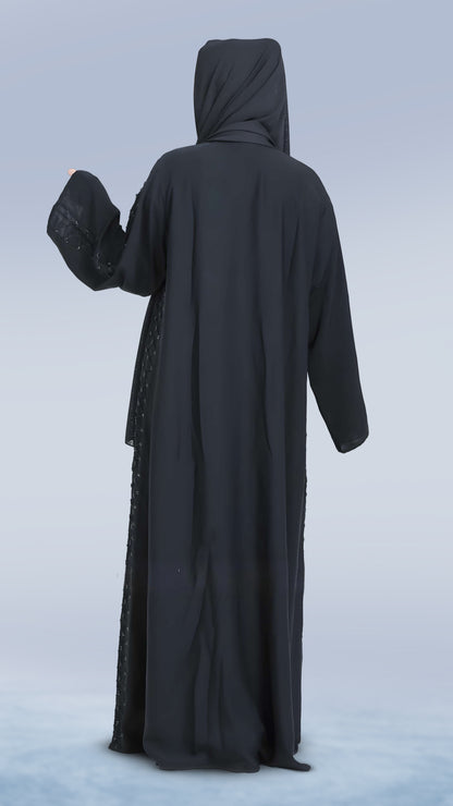 Elegant Nida Fabric Abaya for Women – V-Neck, Front Open with Dory Design with Handcrafted Detailing