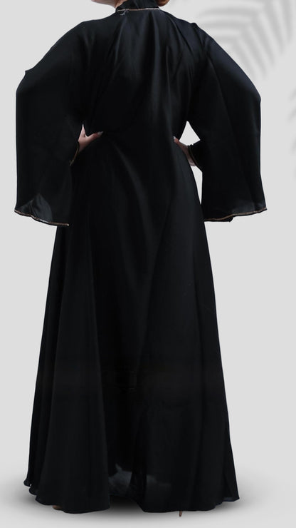 Premium Turkish Cut Nida Black Abaya with Hijab – Mandarin Neck & Bell Sleeves | Malika Royals