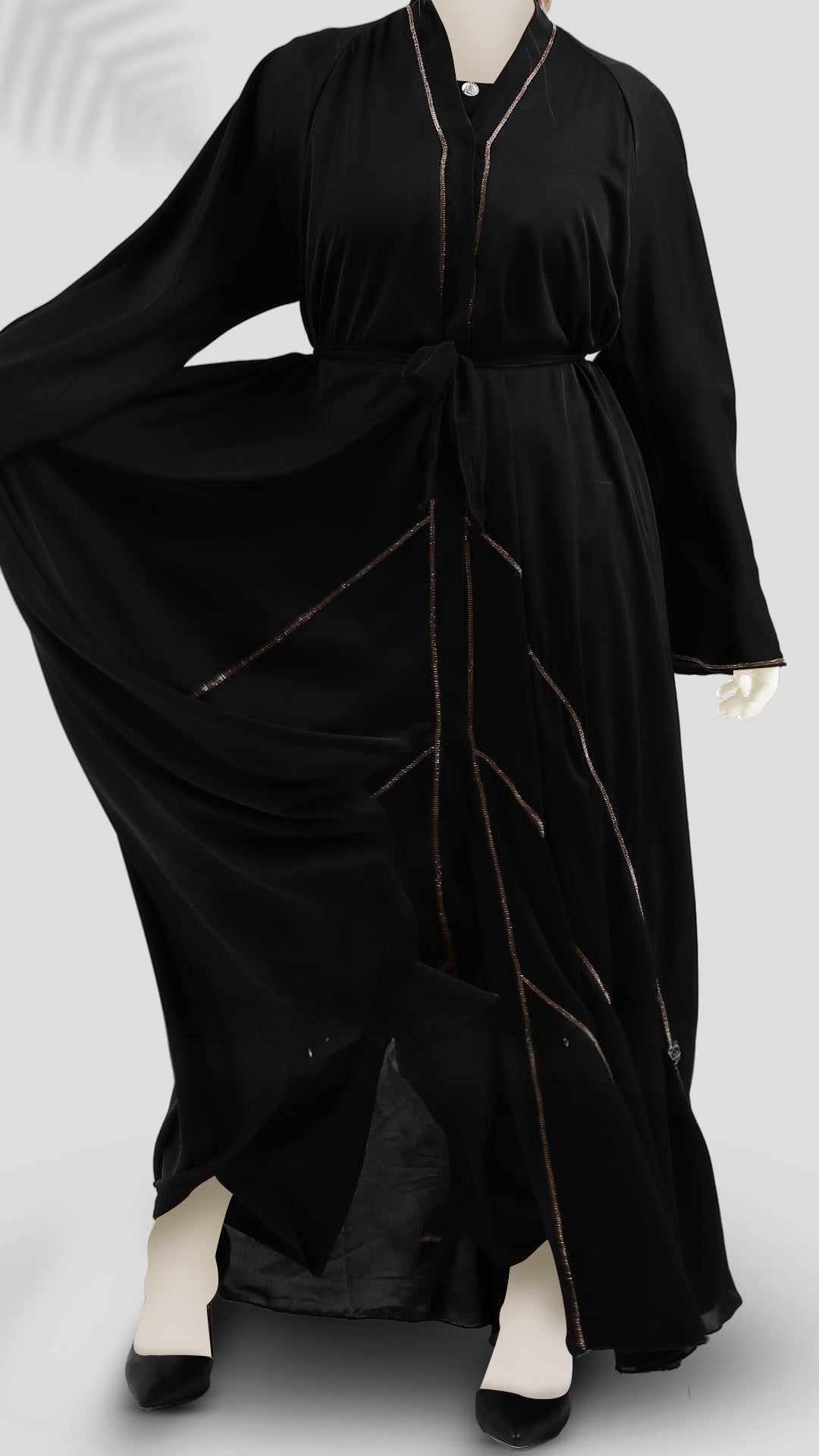 Premium Turkish Cut Nida Black Abaya with Hijab – Mandarin Neck & Bell Sleeves | Malika Royals