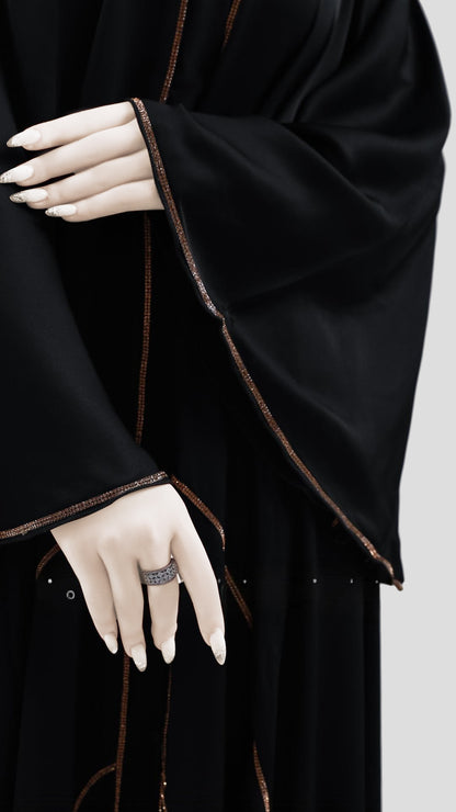 Premium Turkish Cut Nida Black Abaya with Hijab – Mandarin Neck & Bell Sleeves | Malika Royals