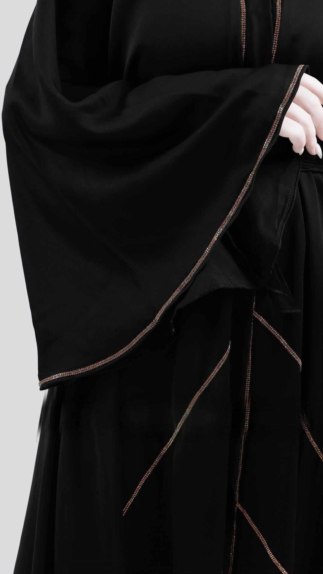 Premium Turkish Cut Nida Black Abaya with Hijab – Mandarin Neck & Bell Sleeves | Malika Royals