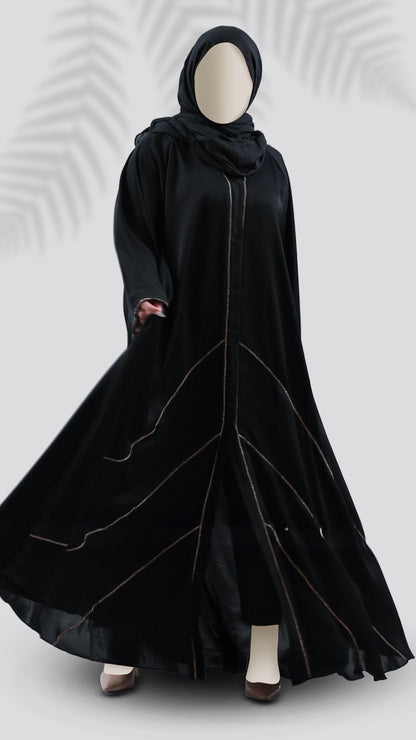 Premium Turkish Cut Nida Black Abaya with Hijab – Mandarin Neck & Bell Sleeves | Malika Royals