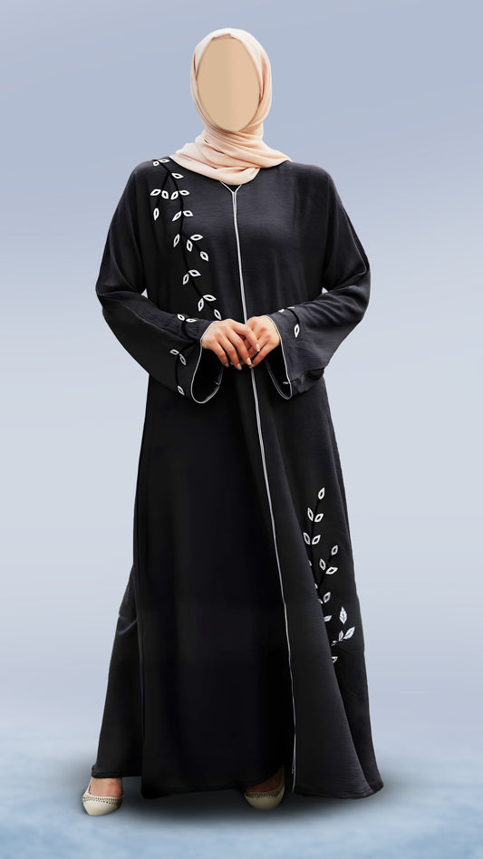 Elegant Zoom Abaya for Women – Crystal Handiwork, Piping Finish, Arabian Cut Style, Full Sleeves & Hijab | Malika Royals