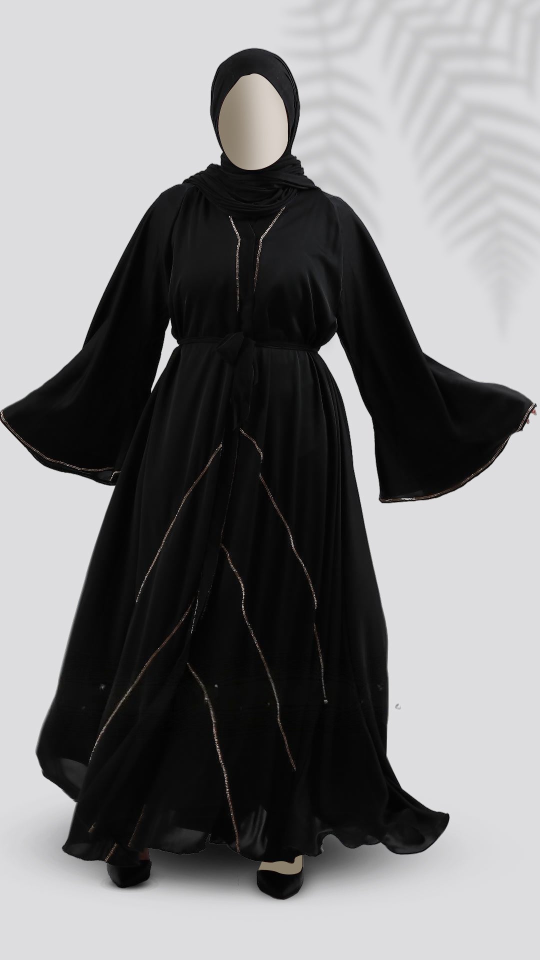 Premium Turkish Cut Nida Black Abaya with Hijab – Mandarin Neck & Bell Sleeves | Malika Royals