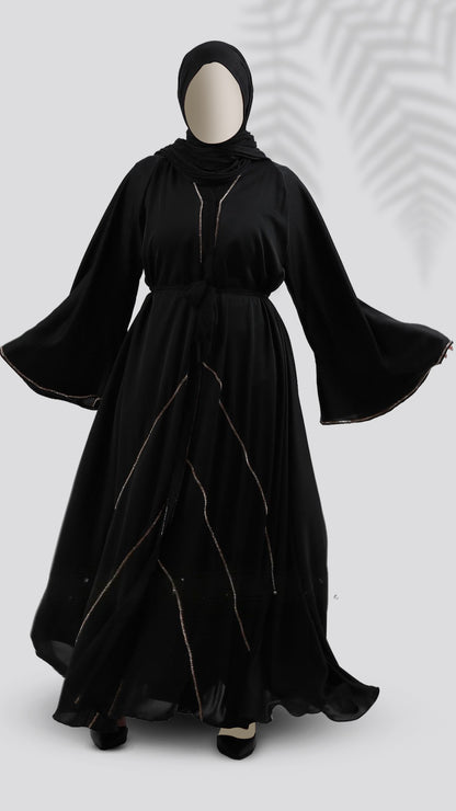 Premium Turkish Cut Nida Black Abaya with Hijab – Mandarin Neck & Bell Sleeves | Malika Royals