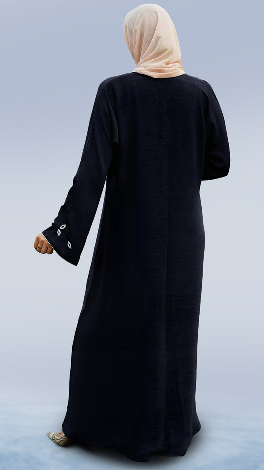 Elegant Zoom Abaya for Women – Crystal Handiwork, Piping Finish, Arabian Cut Style, Full Sleeves & Hijab | Malika Royals