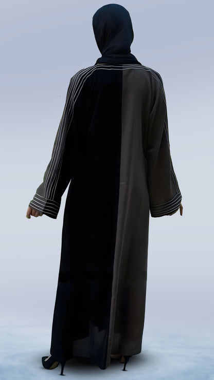 Premium Casual Masha Crepe Abaya in Black & Brown – Arabian Cut Full Sleeve with White Dori Ribbon | Malika Royals
