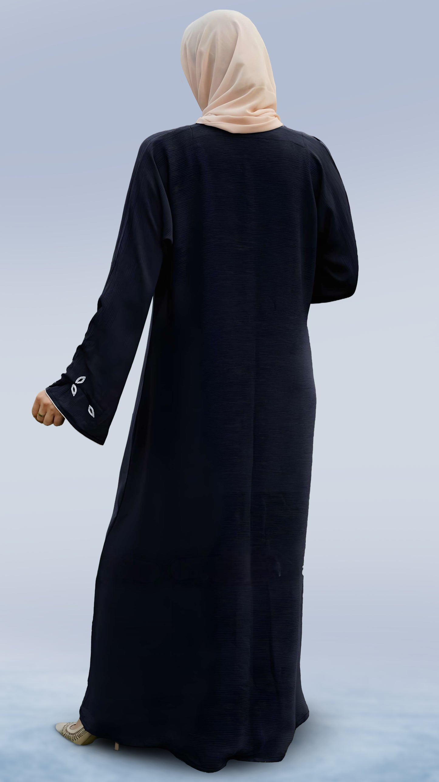 Elegant Zoom Dual-Tone Navy Blue & Off White Abaya – V-Neck Arabian Cut with Crystal Hand Work & Piping | Malika Royals