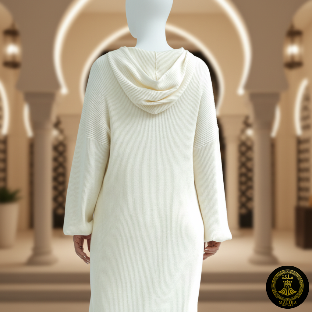 Cozy Knit MAXI Abaya with Attached Hoodie Scarf - Breathable & Warm Dubai Style | Malika Royals
