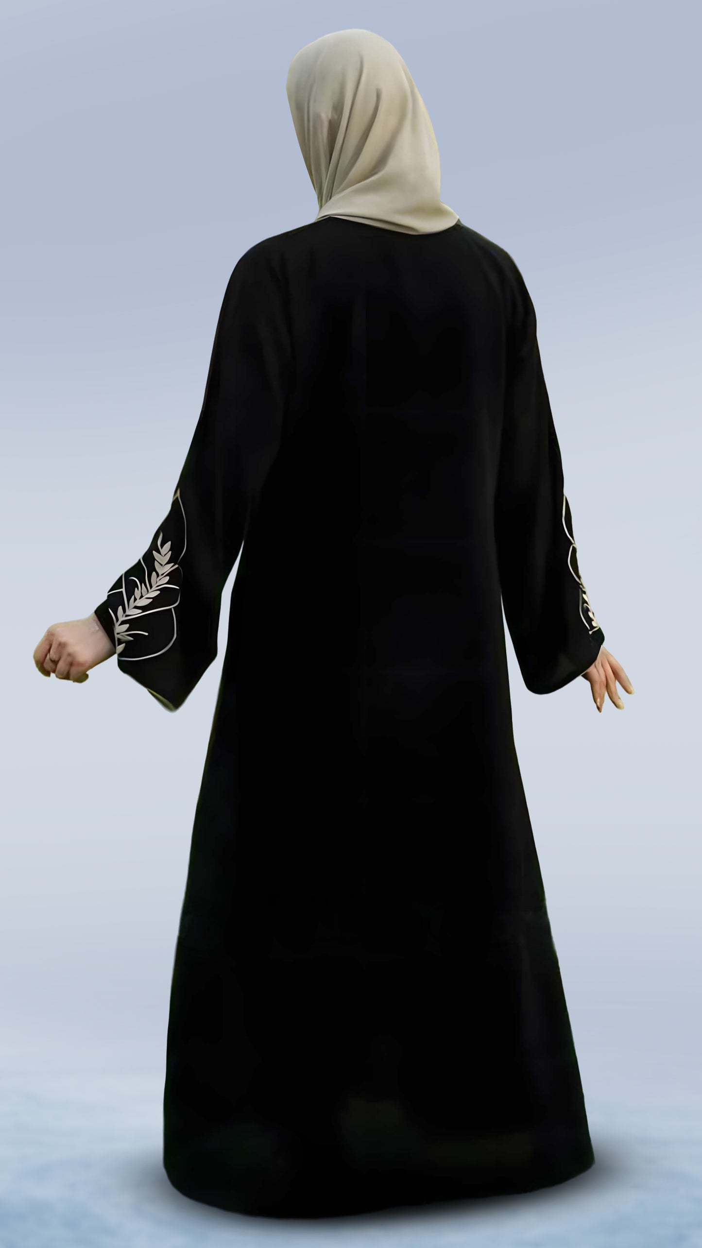 Modest Round Neck Abaya in Black & Beige Masha Crepe – Full Sleeves with Embroidery & Piping | Malika Royals