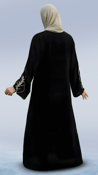 Modest Round Neck Abaya in Black & Beige Masha Crepe – Full Sleeves with Embroidery & Piping | Malika Royals