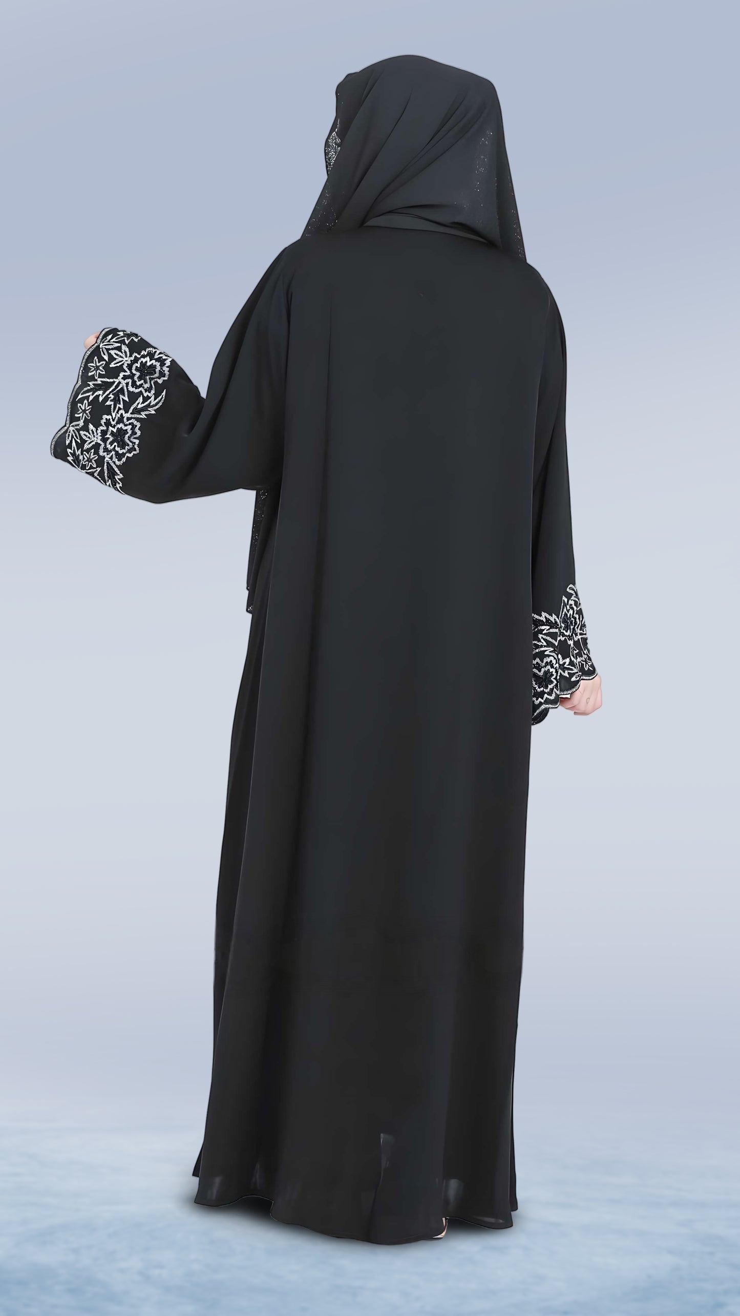 Luxury Women’s Nida Black Embroidered Abaya – Premium Fabric with Front & Sleeve Detailing | Malika Royals