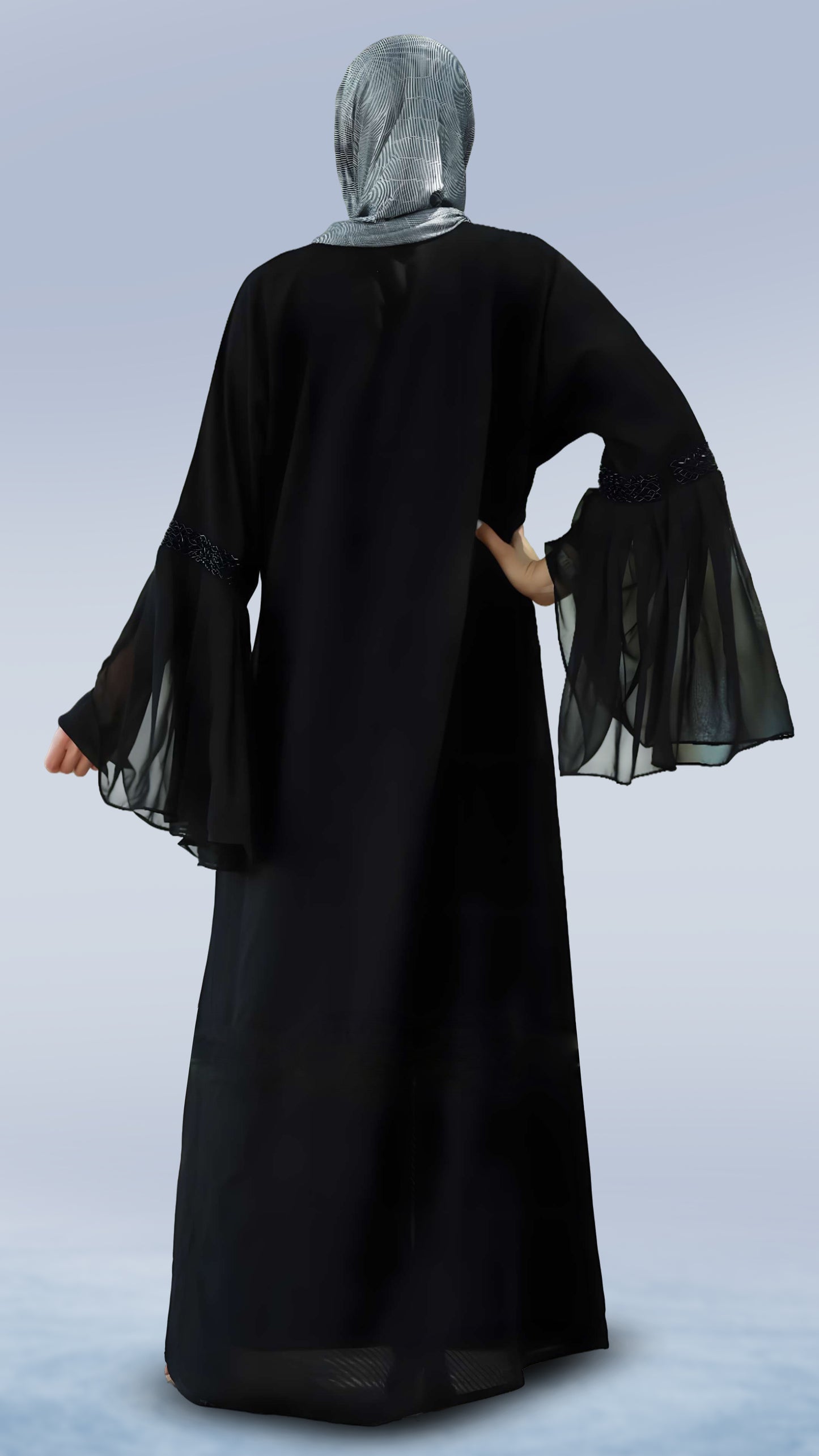 Classic Black Masha Crepe Abaya For Women – V-Neck, Bell Sleeves with Handcrafted Detailing | Malika Royals