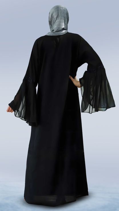 Classic Black Masha Crepe Abaya For Women – V-Neck, Bell Sleeves with Handcrafted Detailing | Malika Royals