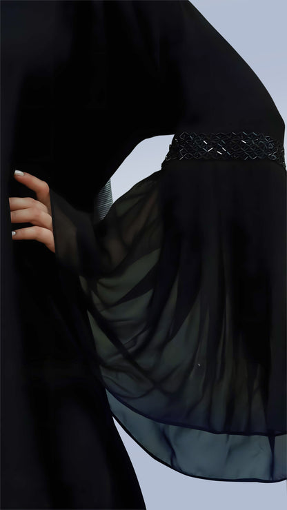 Classic Black Masha Crepe Abaya For Women – V-Neck, Bell Sleeves with Handcrafted Detailing | Malika Royals