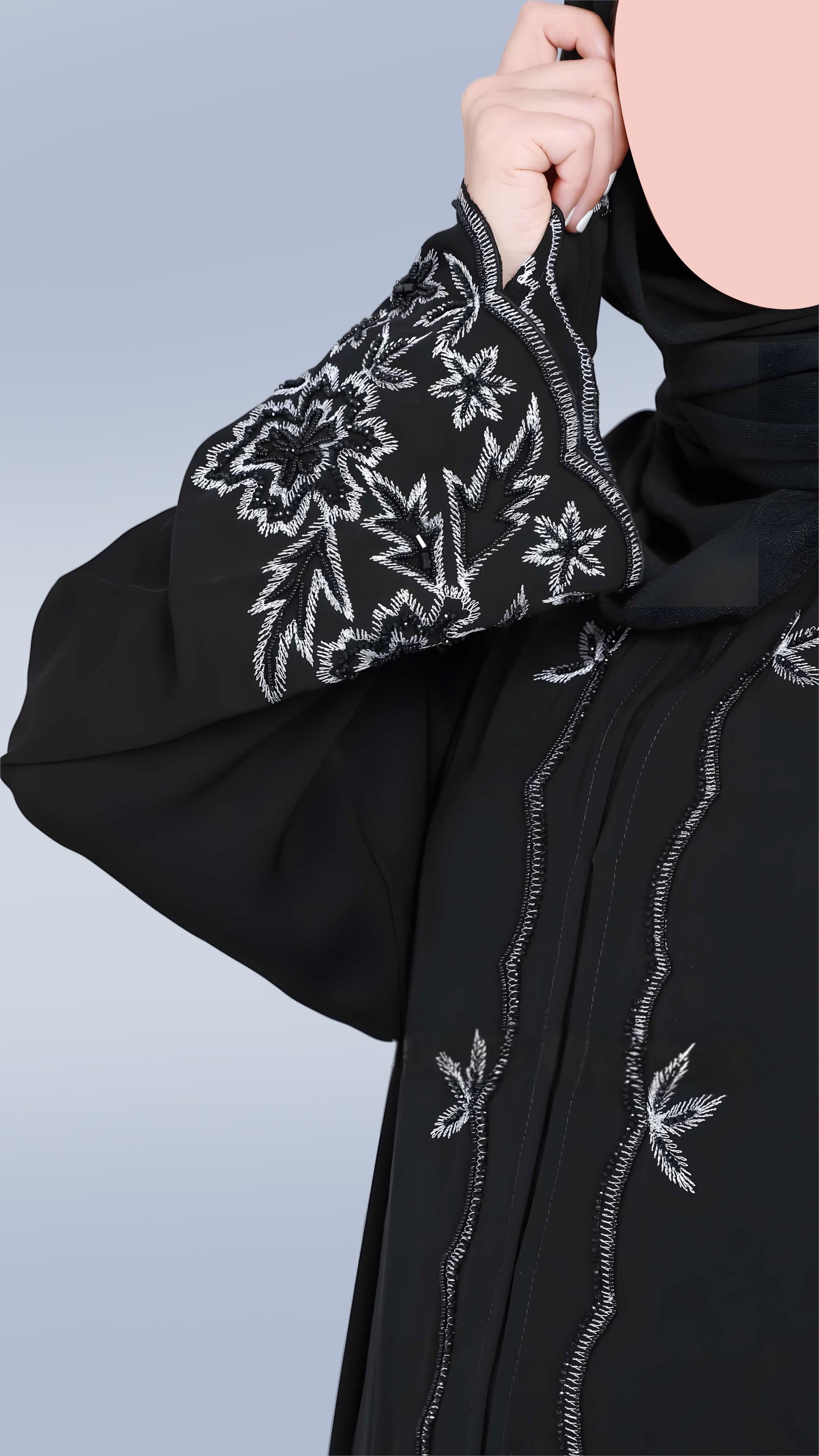 Luxury Women’s Nida Black Embroidered Abaya – Premium Fabric with Front & Sleeve Detailing | Malika Royals