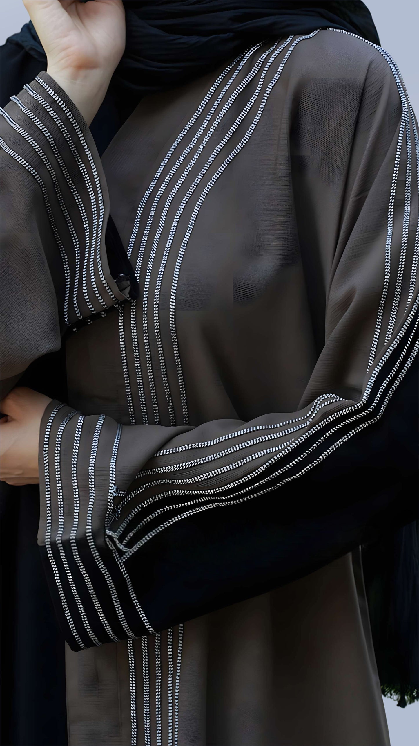 Premium Casual Masha Crepe Abaya in Black & Brown – Arabian Cut Full Sleeve with White Dori Ribbon | Malika Royals