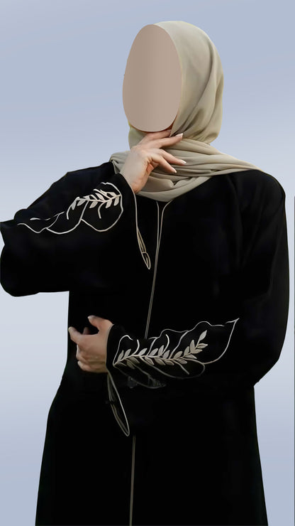 Modest Round Neck Abaya in Black & Beige Masha Crepe – Full Sleeves with Embroidery & Piping | Malika Royals