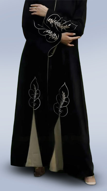 Modest Round Neck Abaya in Black & Beige Masha Crepe – Full Sleeves with Embroidery & Piping | Malika Royals