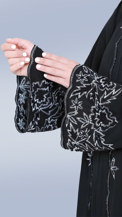 Luxury Women’s Nida Black Embroidered Abaya – Premium Fabric with Front & Sleeve Detailing | Malika Royals