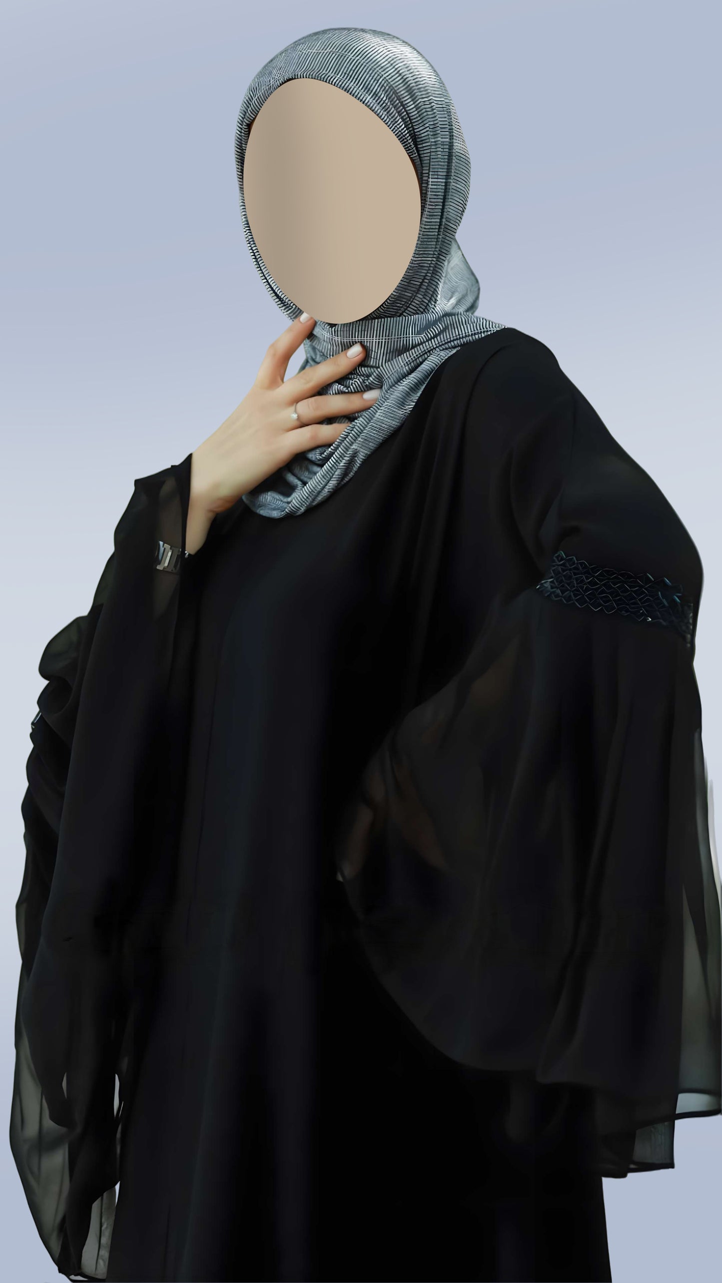 Classic Black Masha Crepe Abaya For Women – V-Neck, Bell Sleeves with Handcrafted Detailing | Malika Royals