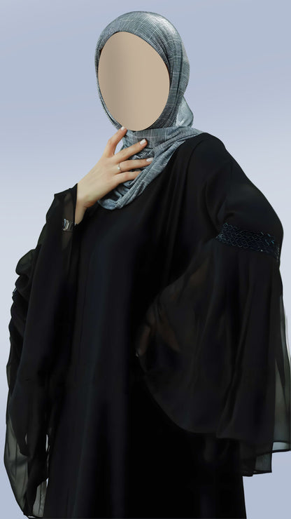 Classic Black Masha Crepe Abaya For Women – V-Neck, Bell Sleeves with Handcrafted Detailing | Malika Royals