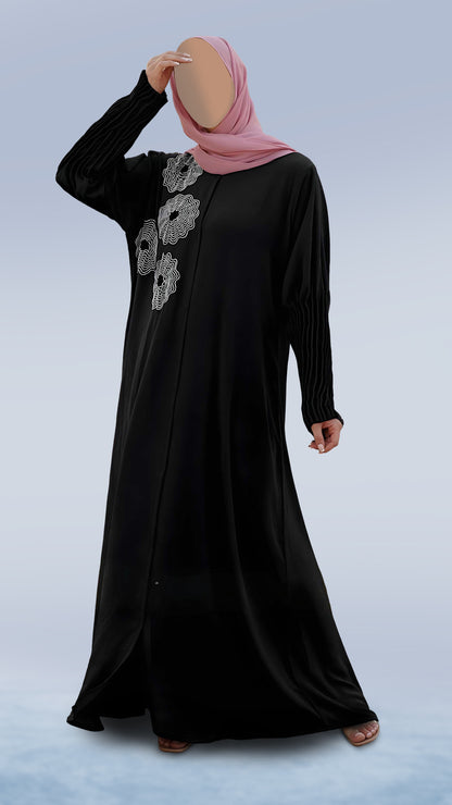 Luxury Zoom Front Open Abaya – Turkish Cut Zoom Fabric, V-Neck & Pleated Sleeves | Malika Royals